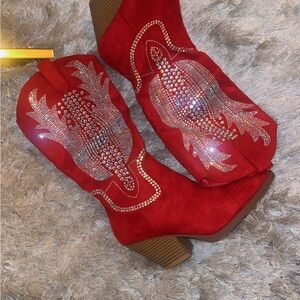 Othr Red Rhinestone Heeled Boots